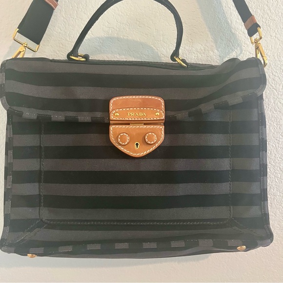 Striped Vintage Black Grey and Brown Satchel Laptop Bag - Picture 2 of 8